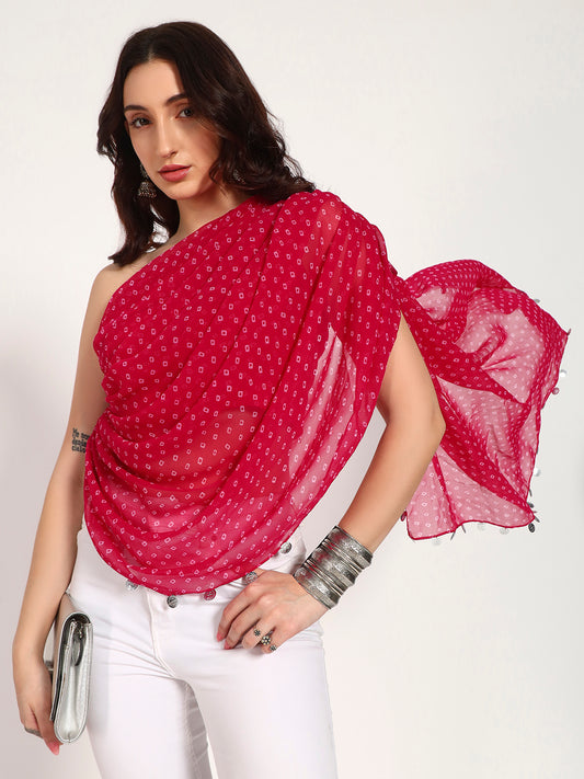 Pink Bandhani Print Asymmetrical Drape Top with Coin Charm Detail