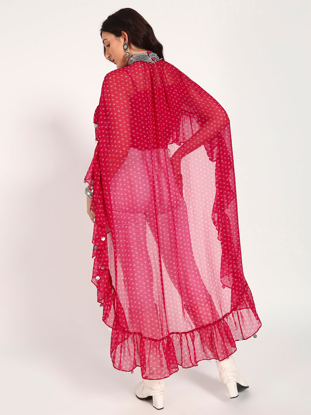 Fuschia Bandhani High-Low Ruffle Cape Top with Embellished Collar & Inner