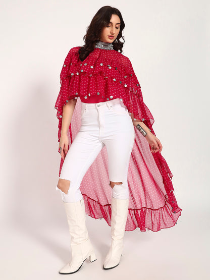 Fuschia Bandhani High-Low Ruffle Cape Top with Embellished Collar & Inner