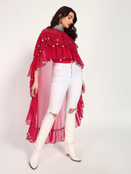 Fuschia Bandhani High-Low Ruffle Cape Top with Embellished Collar & Inner