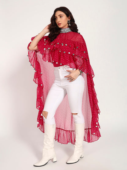 Fuschia Bandhani High-Low Ruffle Cape Top with Embellished Collar & Inner