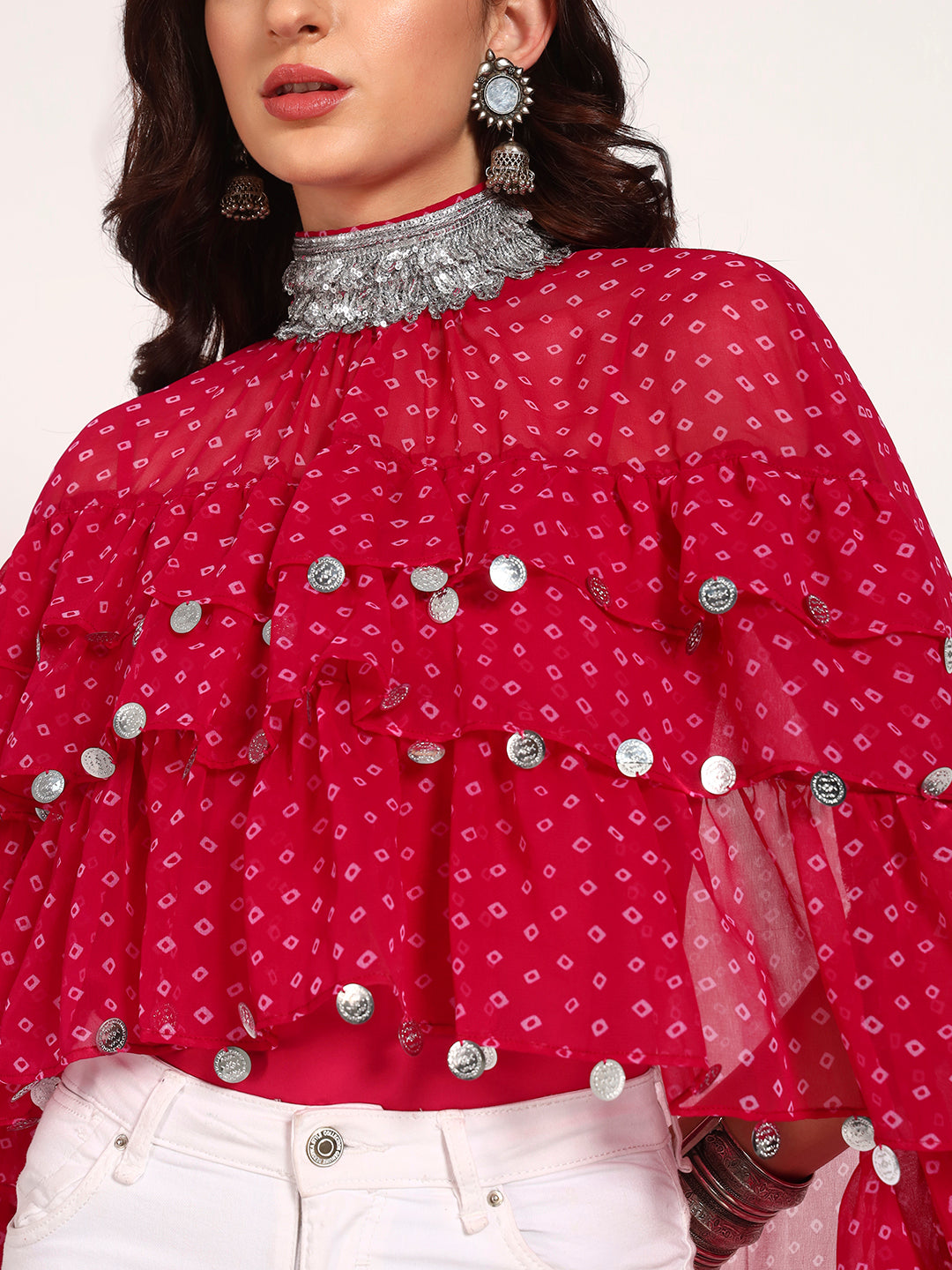 Fuschia Bandhani High-Low Ruffle Cape Top with Embellished Collar & Inner