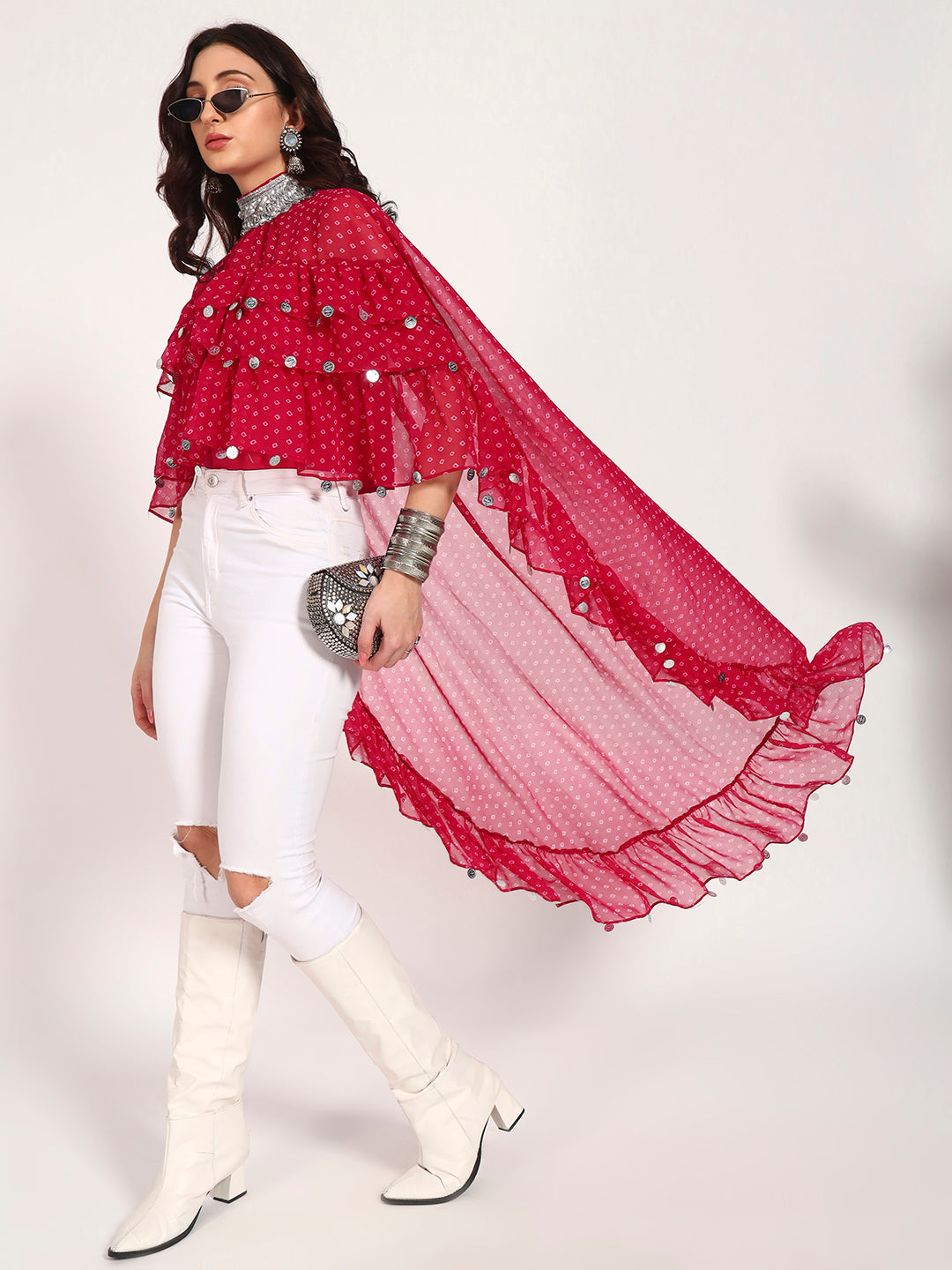 Fuschia Bandhani High-Low Ruffle Cape Top with Embellished Collar & Inner
