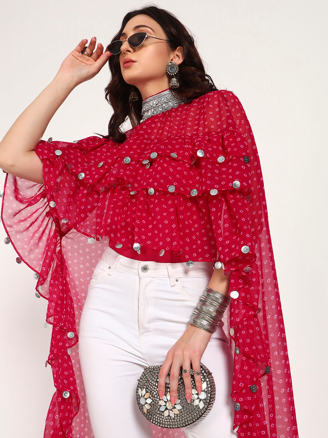 Fuschia Bandhani High-Low Ruffle Cape Top with Embellished Collar & Inner