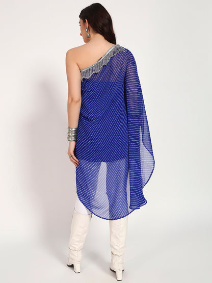 Royal Blue Lehariya Asymmetrical Off-Shoulder Top with Inner Slip