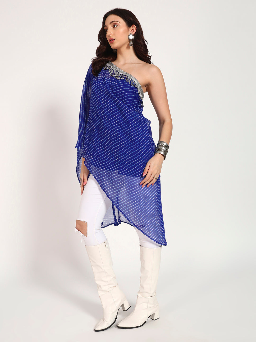 Royal Blue Lehariya Asymmetrical Off-Shoulder Top with Inner Slip