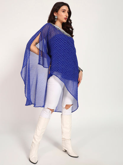 Royal Blue Lehariya Asymmetrical Off-Shoulder Top with Inner Slip