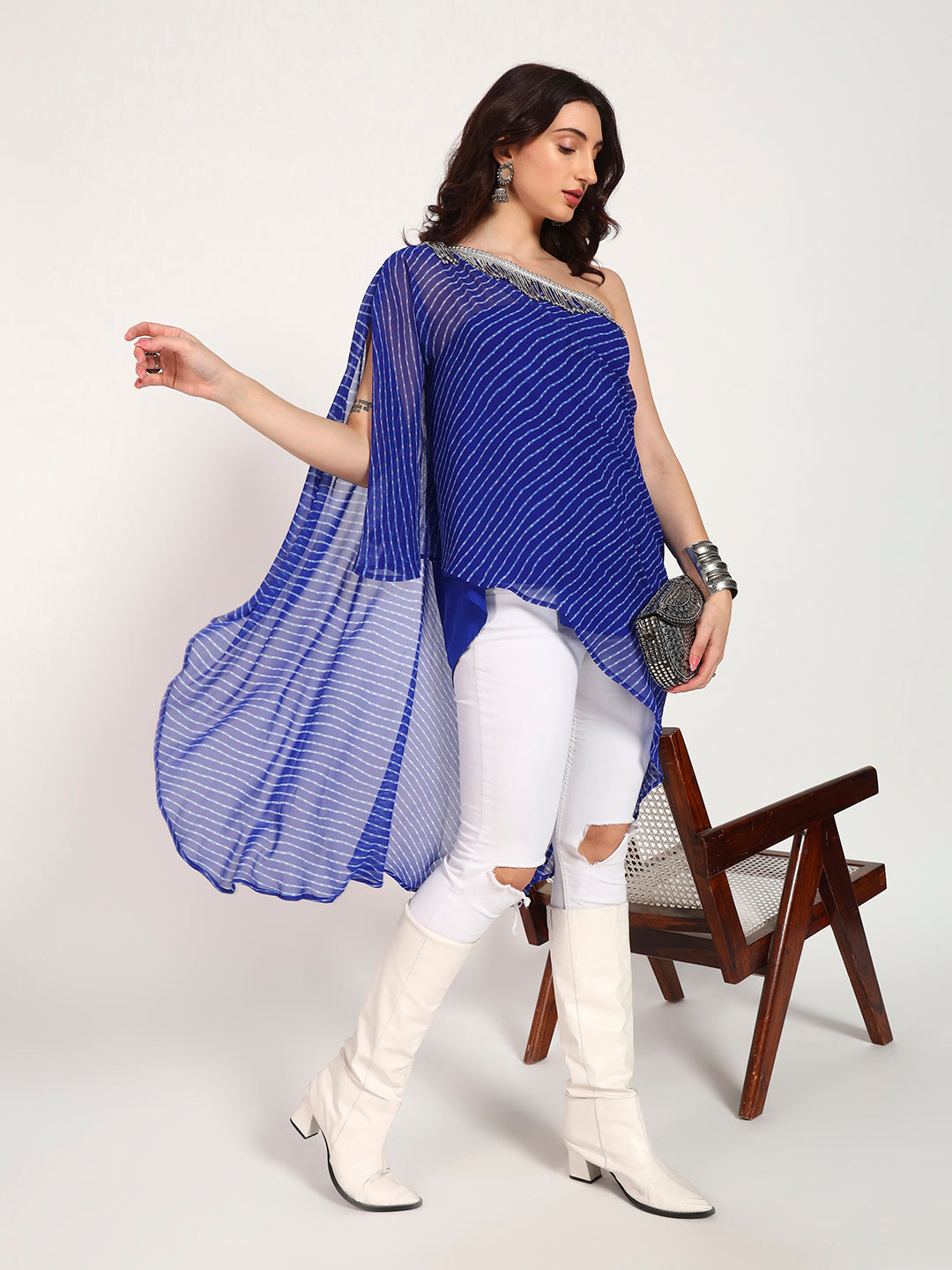 Royal Blue Lehariya Asymmetrical Off-Shoulder Top with Inner Slip