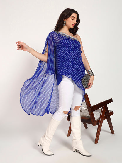 Royal Blue Lehariya Asymmetrical Off-Shoulder Top with Inner Slip