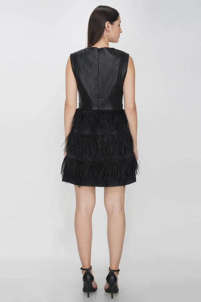 Feather And Faux Leather Dress