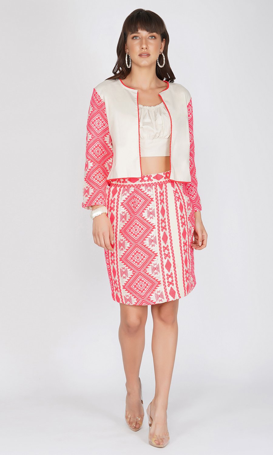 Beige Jacket and Neon Pink Skirt Set (Set of 2)