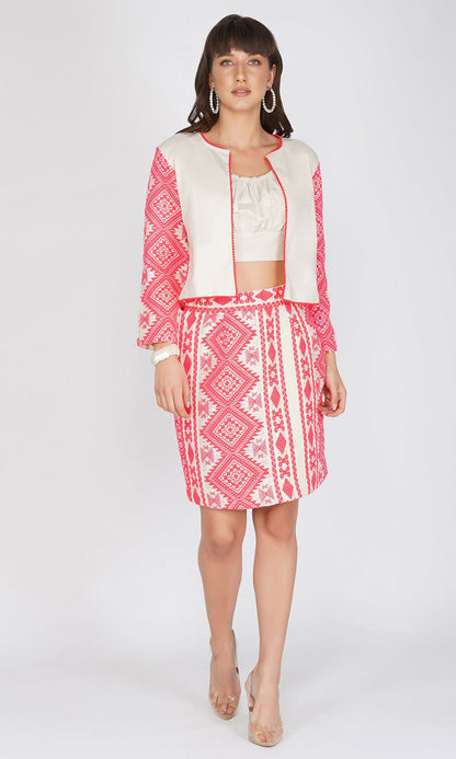 Beige Jacket and Neon Pink Skirt Set (Set of 2)