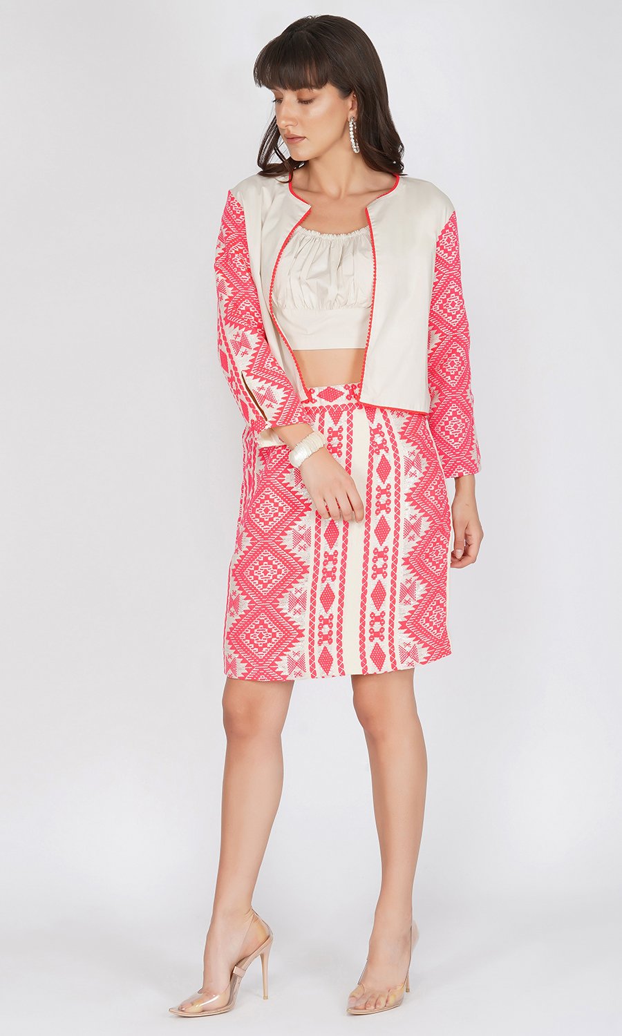 Beige Jacket and Neon Pink Skirt Set (Set of 2)