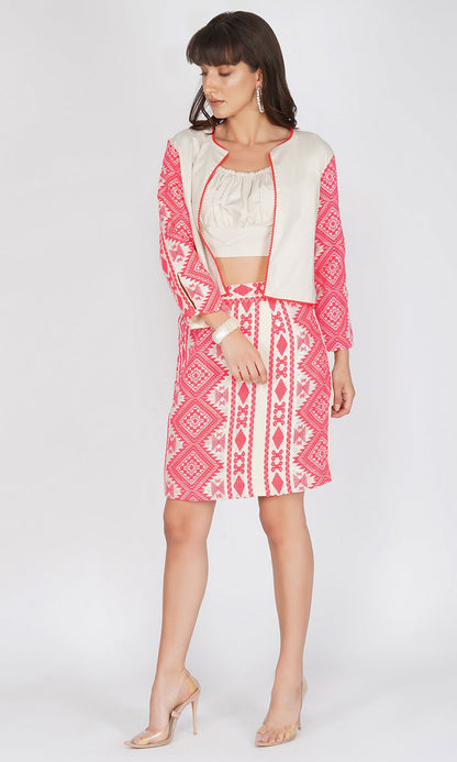 Beige Jacket and Neon Pink Skirt Set (Set of 2)