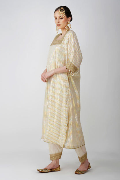 Heritage Beige cotton lurex kaftan with Golden Embellishments