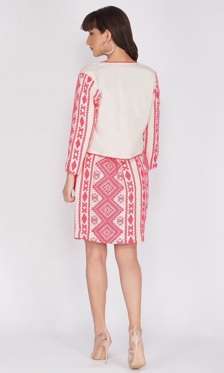 Beige Jacket and Neon Pink Skirt Set (Set of 2)