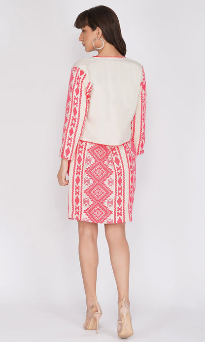 Beige Jacket and Neon Pink Skirt Set (Set of 2)