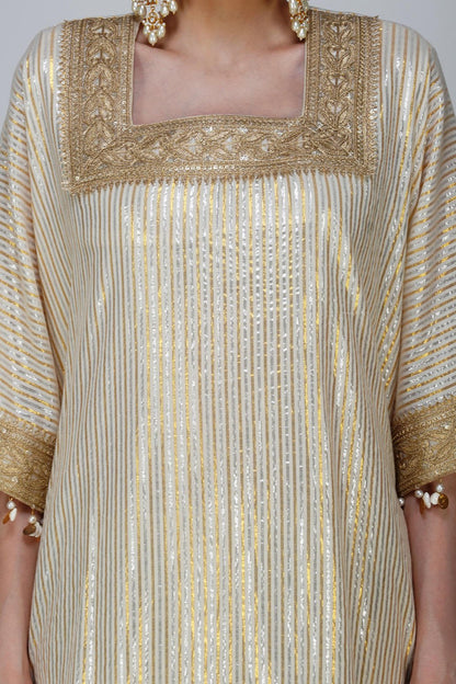 Heritage Beige cotton lurex kaftan with Golden Embellishments