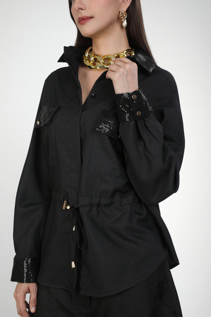 Black Sequin Pocket Collar Style Shirt