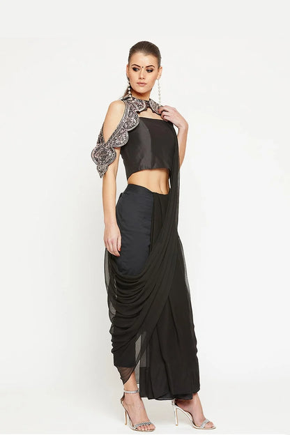 Black Saree With Detachable Collar