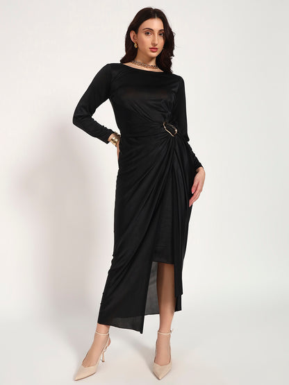 Black Lycra Drape Dress with Gold Buckle