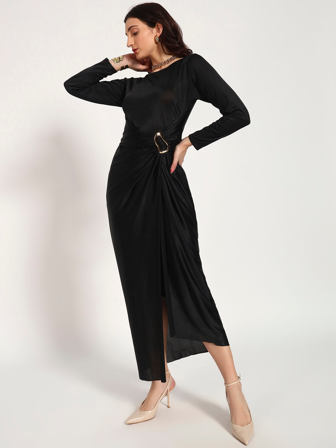 Black Lycra Drape Dress with Gold Buckle
