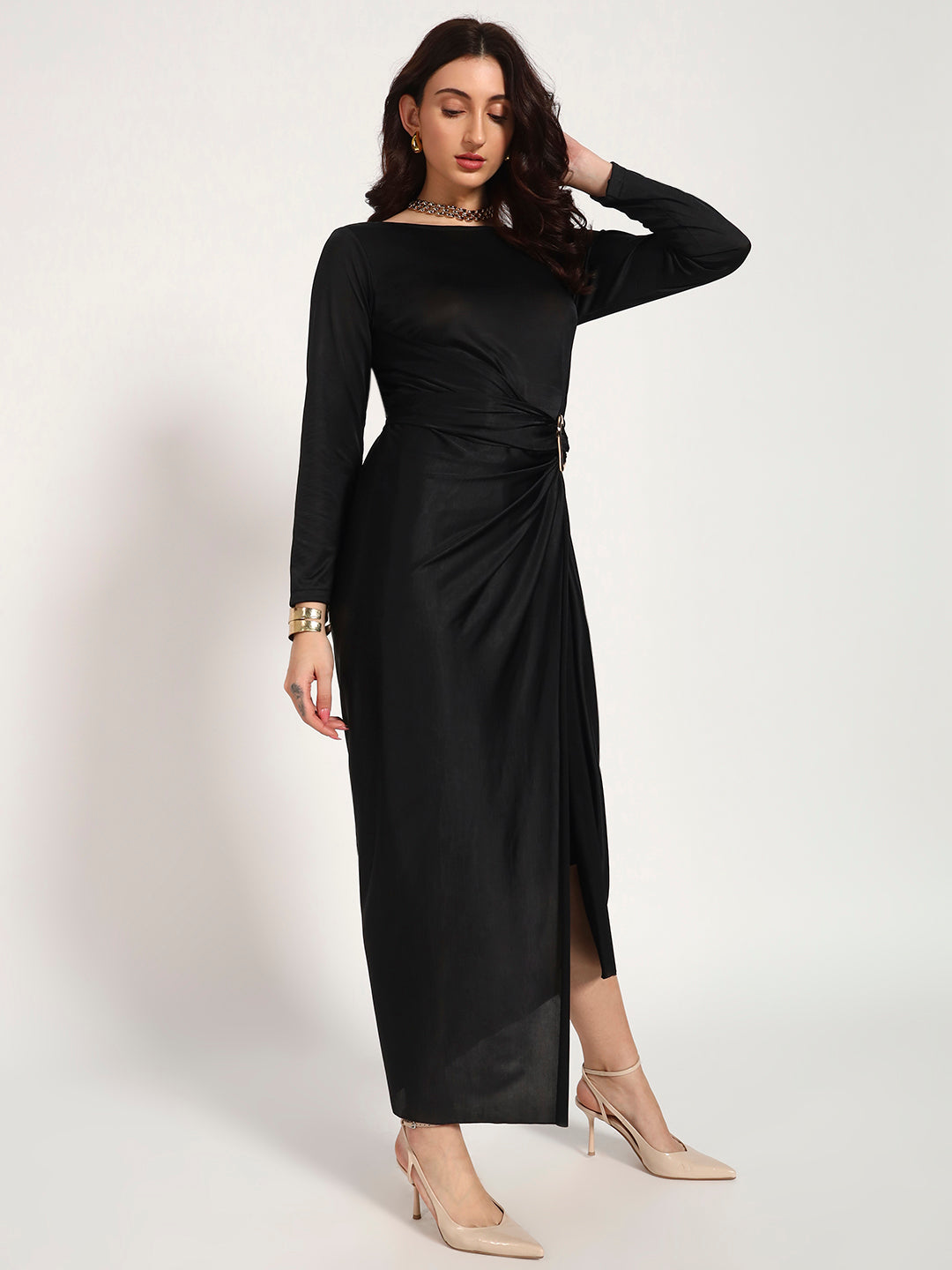 Black Lycra Drape Dress with Gold Buckle