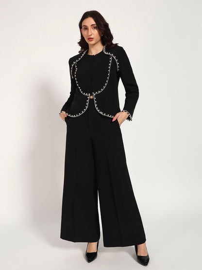 Black Pearl-Embellished Banana Crepe jacket Set(Set of 2)