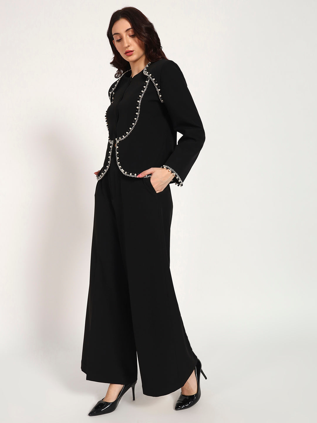 Black Pearl-Embellished Banana Crepe jacket Set(Set of 2)