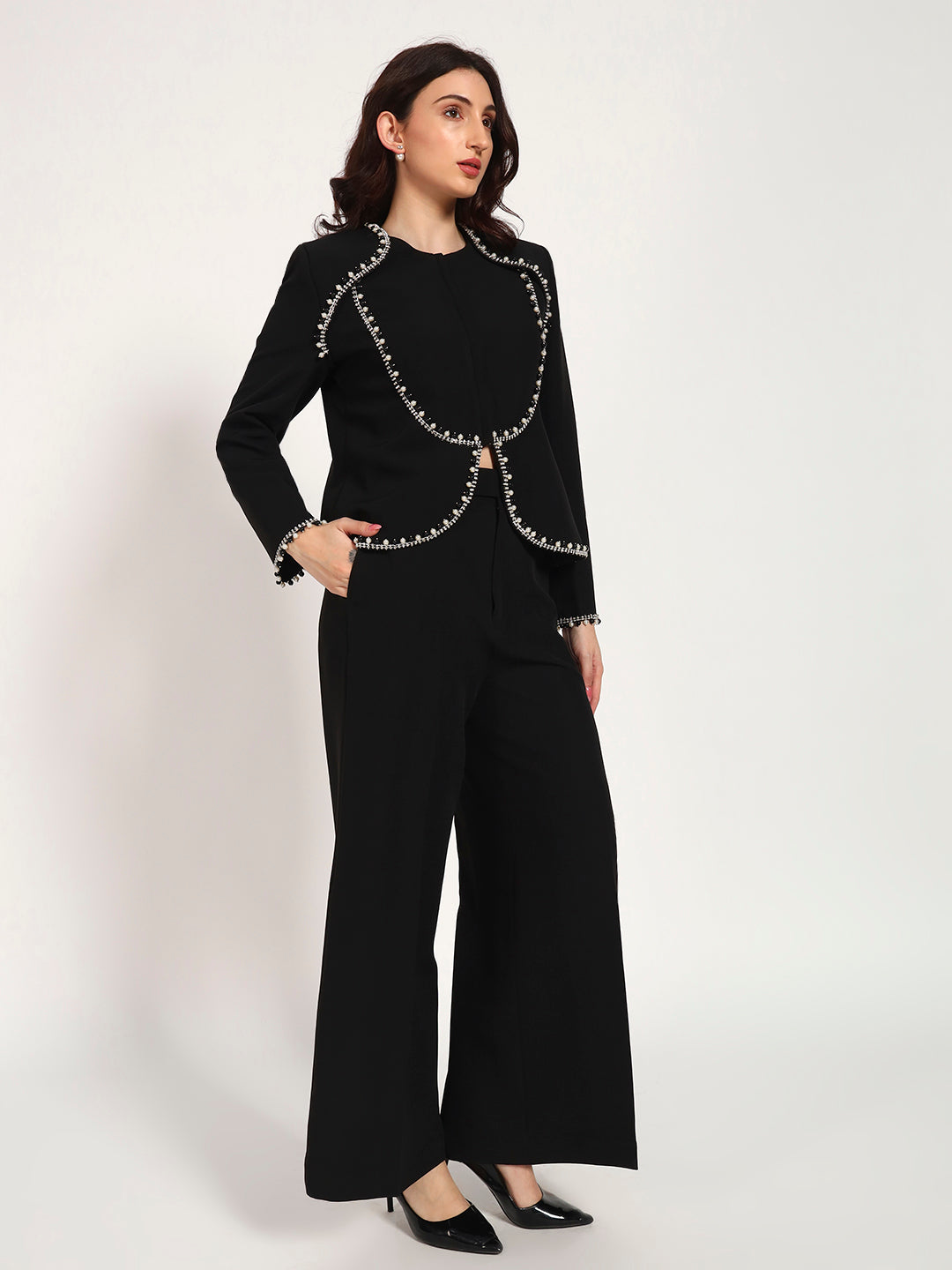 Black Pearl-Embellished Banana Crepe jacket Set(Set of 2)