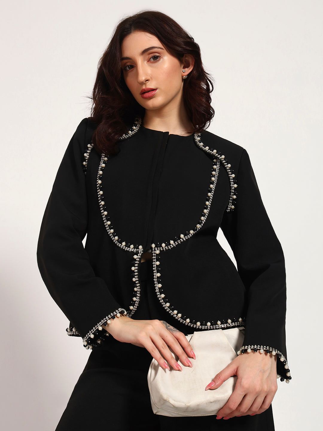 Black Pearl-Embellished Banana Crepe jacket Set(Set of 2)