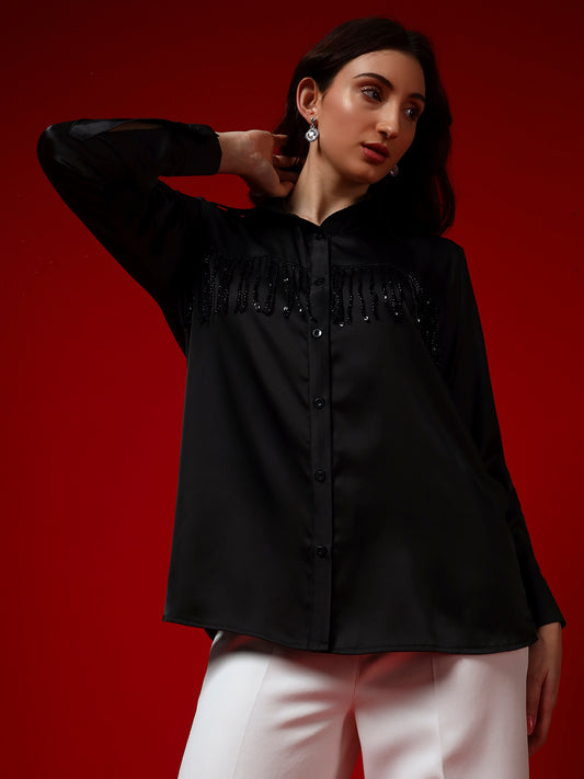 Black Sequin Tassel-Embellished Armani Satin Shirt