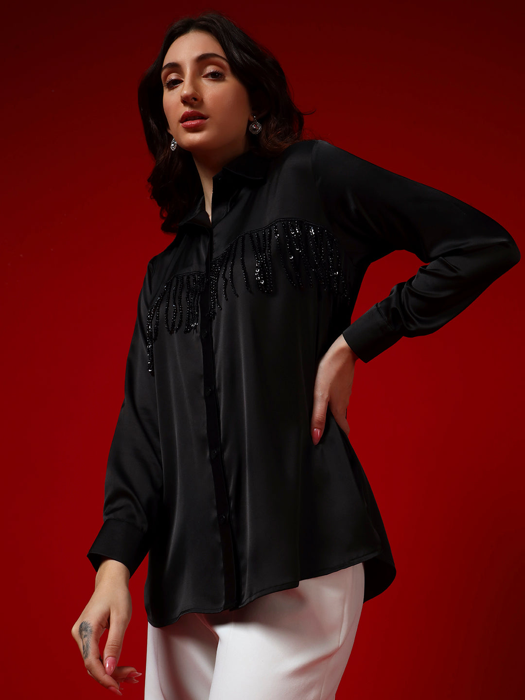 Black Sequin Tassel-Embellished Armani Satin Shirt