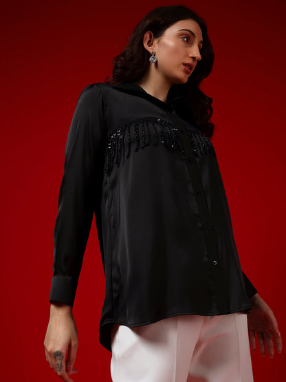 Black Sequin Tassel-Embellished Armani Satin Shirt