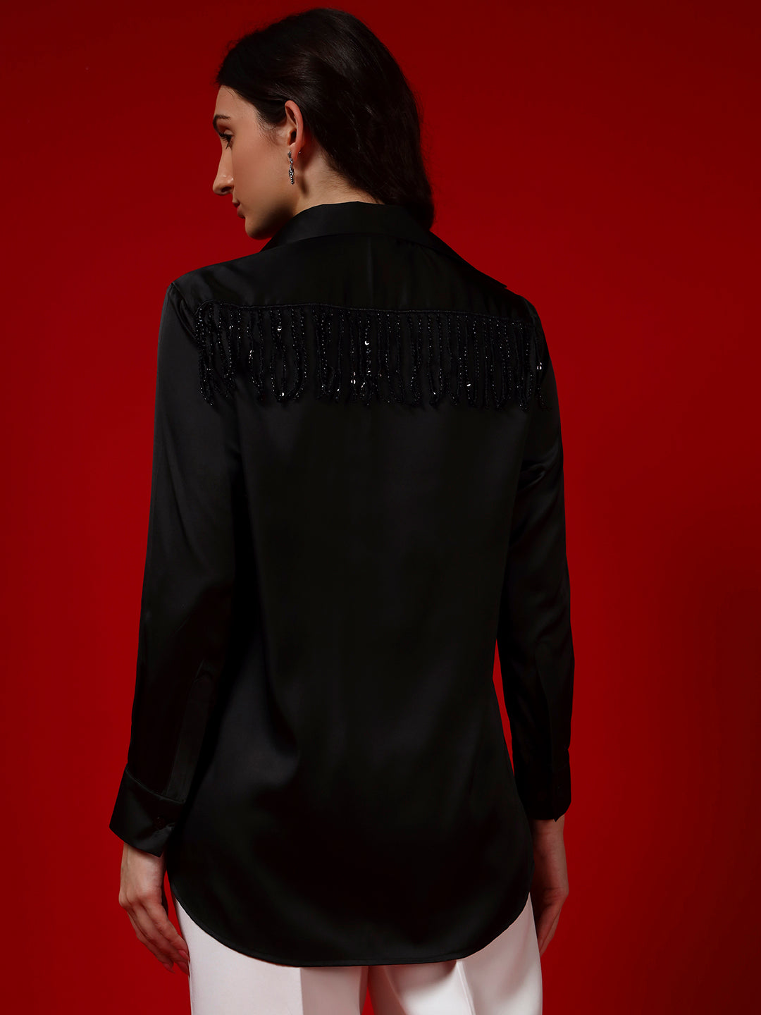 Black Sequin Tassel-Embellished Armani Satin Shirt