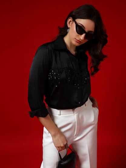 Black Sequin Tassel-Embellished Armani Satin Shirt