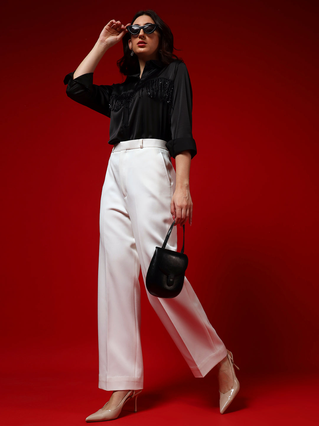 Black Sequin Tassel-Embellished Armani Satin Shirt