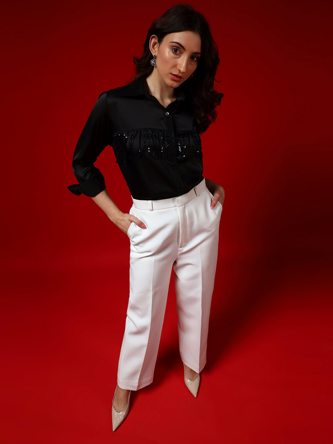 Black Sequin Tassel-Embellished Armani Satin Shirt