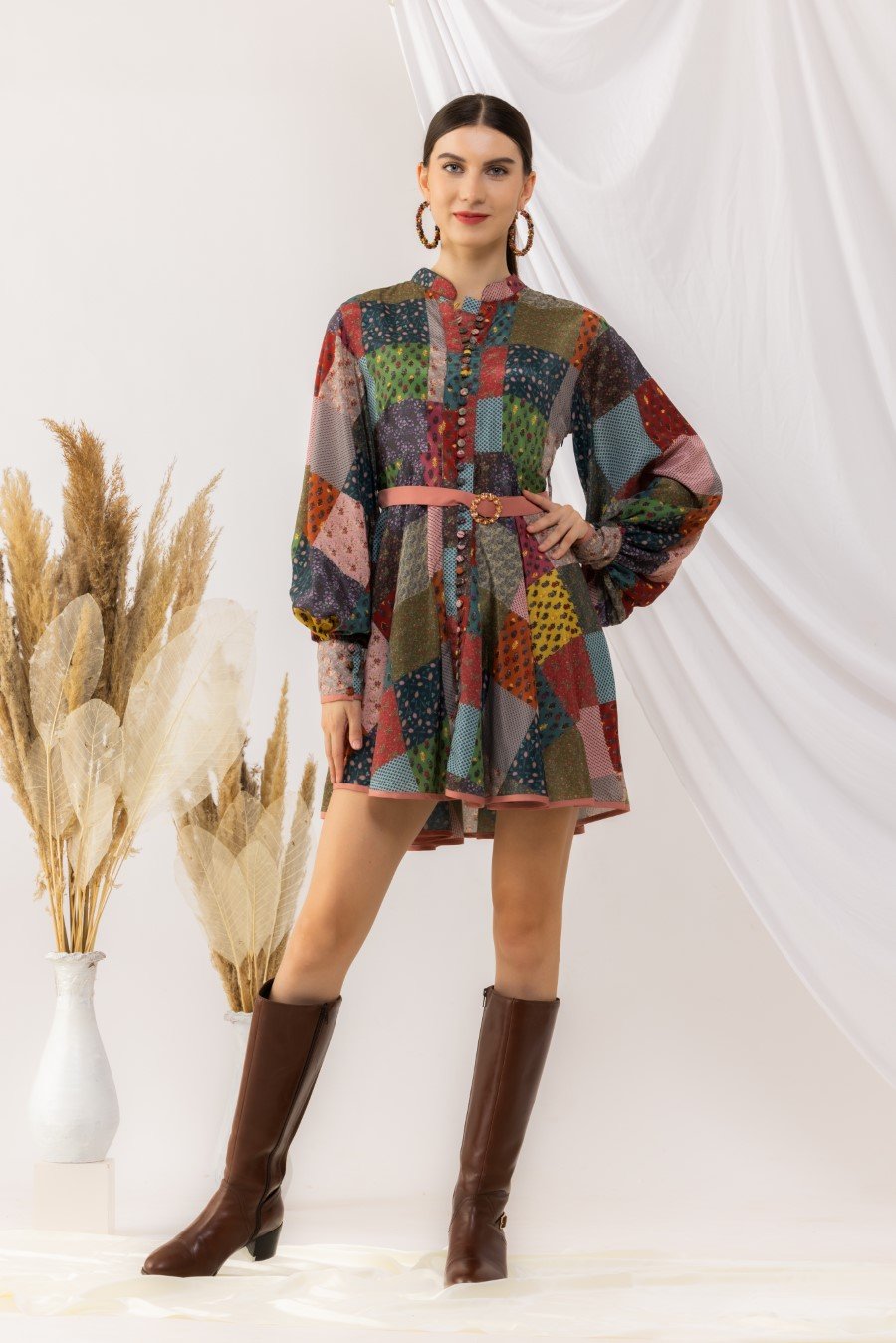 Bohemian Digital Printed Short Dress With Lantern Sleeves