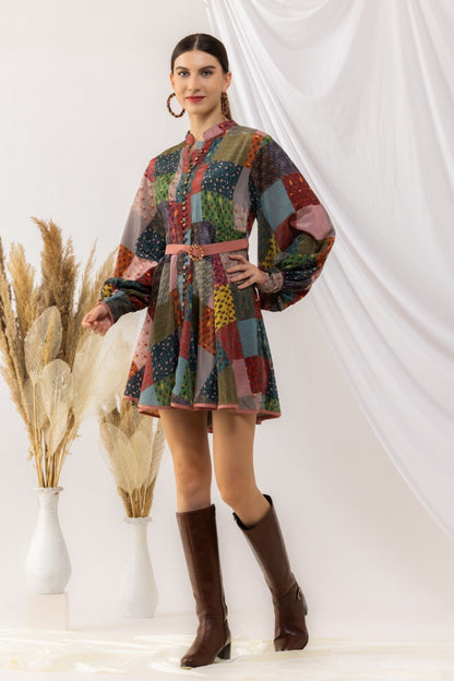 Bohemian Digital Printed Short Dress With Lantern Sleeves