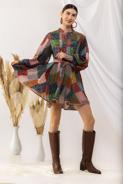 Bohemian Digital Printed Short Dress With Lantern Sleeves