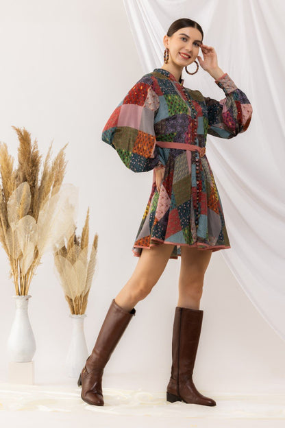 Bohemian Digital Printed Short Dress With Lantern Sleeves