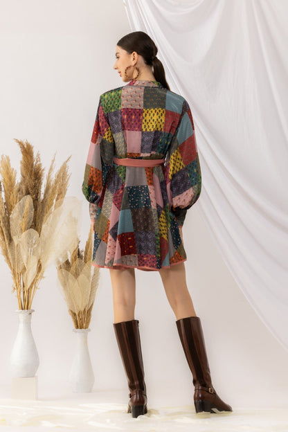 Bohemian Digital Printed Short Dress With Lantern Sleeves