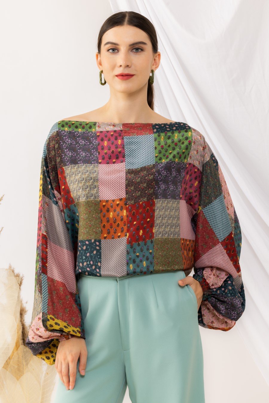 Bohemian Digital Printed Off Shoulder With Balloon Sleeves Top