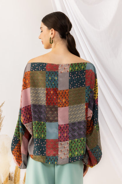 Bohemian Digital Printed Off Shoulder With Balloon Sleeves Top