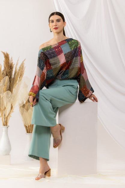 Bohemian Digital Printed Off Shoulder With Balloon Sleeves Top