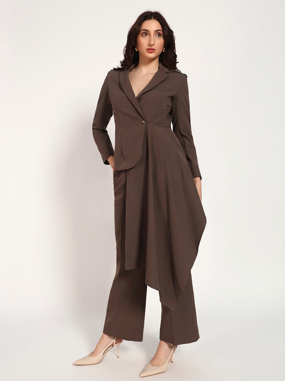 Brown Banana Crepe Blazer Co-Ord Set(Set of 2)