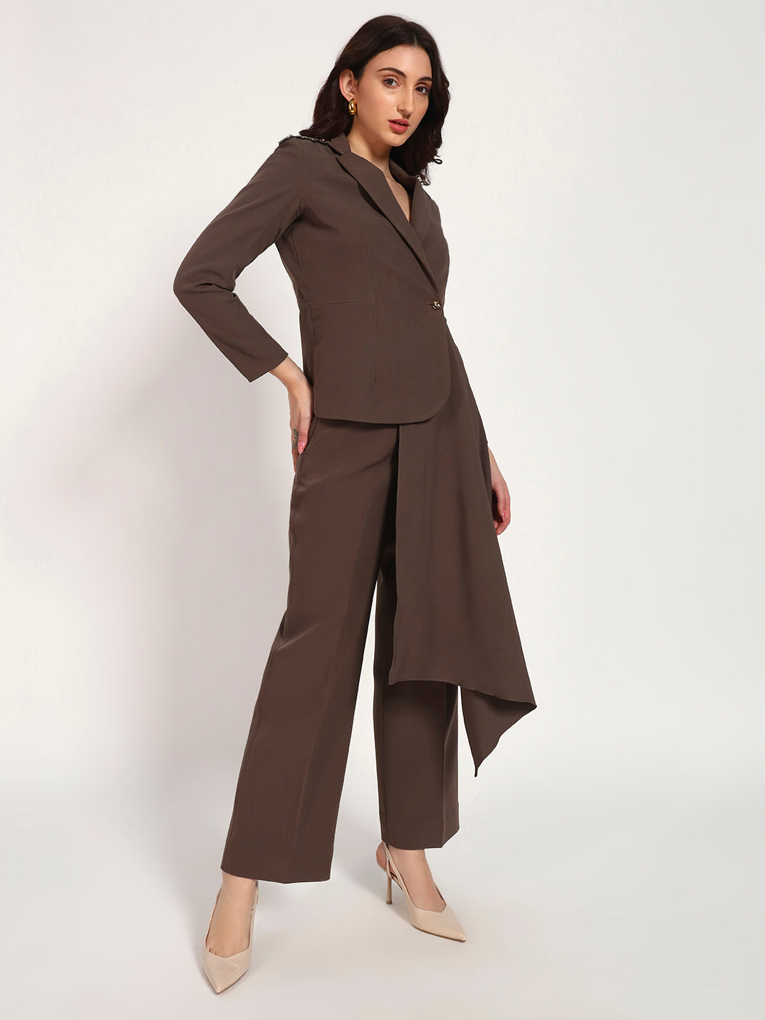 Brown Banana Crepe Blazer Co-Ord Set(Set of 2)