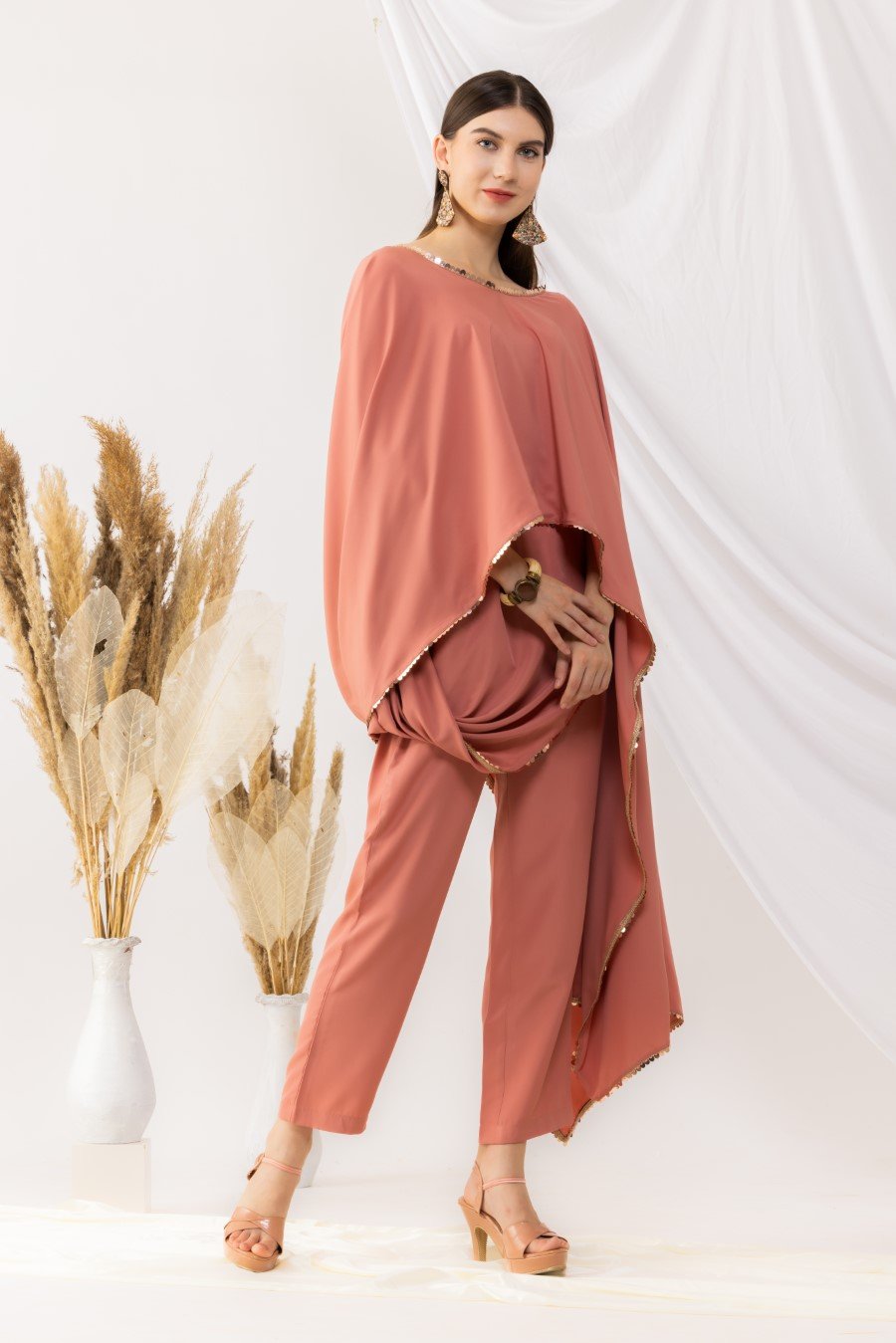 Coral Rose Cape Bohemian Style Drape Top With Straight pant