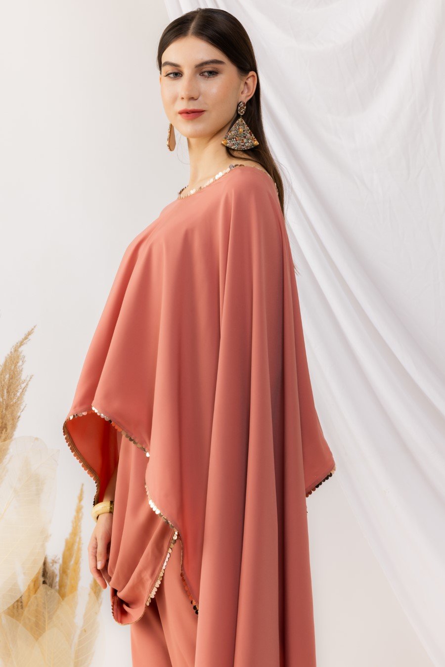 Coral Rose Cape Bohemian Style Drape Top With Straight pant